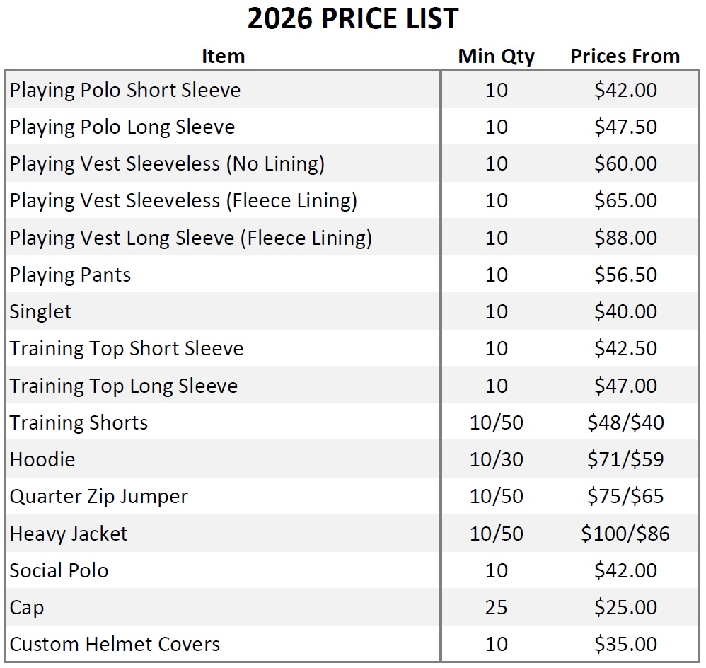 2026 Cricket Clothing Price List